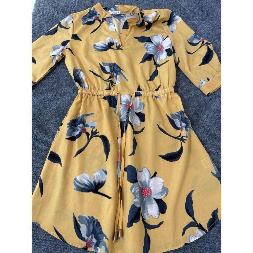 Hint of Blush Yellow Floral Mini Dress S 3/4 Sleeve Draw String Waist Boho - Picture 8 of 8